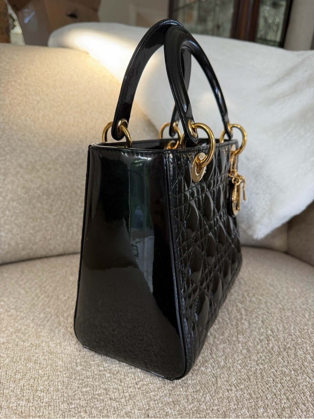 Dior Lady Dior Medium Black Patent Cannage Gold Hardware with Strap - Picture 5 of 13